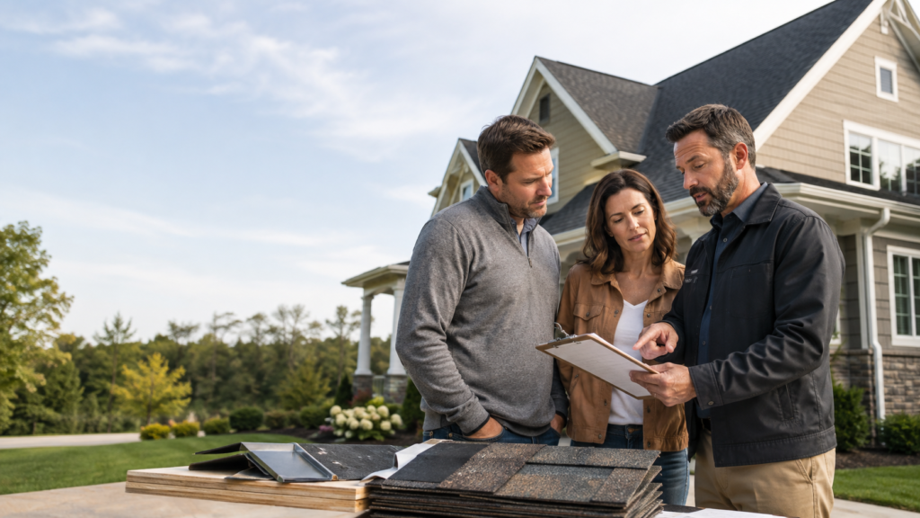 Homeowners reviewing a roofing estimate and shingle samples with a contractor