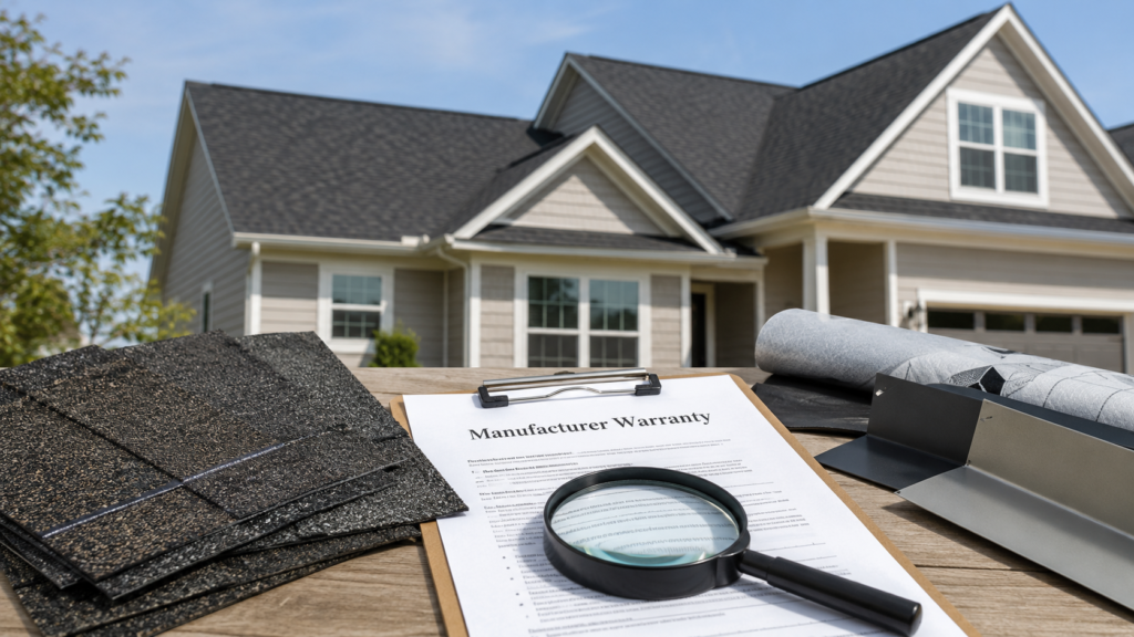 Roofing materials and manufacturer warranty documents in front of a finished home