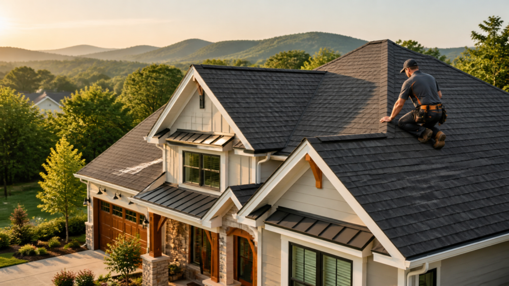 Knoxville roofing contractor inspecting a new architectural shingle roof